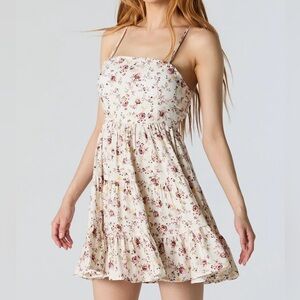 URBAN PLANET | White Floral Tiered Mini Dress with Built In Bra Cups Size Medium